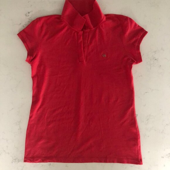 Calvin Klein Casual Cap Sleeve V Neck Cotton w Spandex Polo Shirt Coral Sz M - Picture 7 of 15